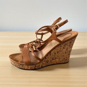 SALVATORE FERRAGAMO Tan Leather Cork Wedges Size 10